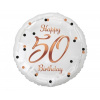 Balón foliový biely 50 rokov - Happy birthday - narodeniny - ružovo-zlatý nápis - 45 cm - GoDan