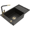 Mexen Elias granitový drez s 1 komorou odkvapkávačom a kuchynskou batériou Flora, čierny/zlatý metalický