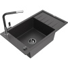 Mexen Elias žulový kuchynský drez s 1 komorou s odkvapkávačom a kuchynskou batériou Flora, čierny škvrnitý