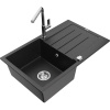 Mexen Bruno granitový drez s 1 komorou s odkvapkávačom a kuchynskou batériou Flora, čierny/strieborný metalik