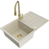 Mexen Bruno 1-komorový granitový kuchynský drez s odkapávačom a kuchynskou batériou Savita, béžový - 6513-69-672601-50