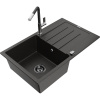 Mexen Bruno granitový drez s 1 komorou s odkvapkávačom a kuchynskou batériou Flora, čierny/zlatý metalik