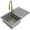 Mexen Bruno žulový kuchynský drez s 1 komorou a odkvapkávačom a kuchynskou batériou Savita, sivý - 6513-71-672601-50
