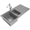 Mexen Andres granitový drez 1,5-komorový s odkvapkávačom a kuchynskou batériou Flora, sivý - 6515-71-670401-00