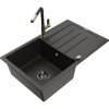 Mexen Bruno granitový drez s 1 komorou s odkvapkávačom a kuchynskou batériou Flora, čierny/zlatý metalický
