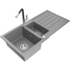Mexen Andres granitový drez 1,5-komorový s odkvapkávačom a kuchynskou batériou Flora, sivý - 6515-71-670401-07