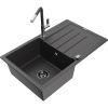 Mexen Bruno granitový drez s 1 komorou, odkvapkávačom a kuchynskou batériou Flora, čierny škvrnitý - 6513-76-670401-08-B