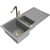 Mexen Andres žulový drez 1,5-komorový s odkvapkávacou plochou a kuchynskou batériou Flora, sivý - 6515-71-670401-57-G