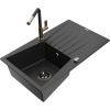 Mexen Cesar granitový kuchynský drez s 1 komorou s odkvapkávačom a kuchynskou batériou Flora, čierny/strieborný