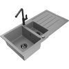 Mexen Andres granitový drez s 1,5 komorou, s odkvapkávačom a kuchynskou batériou Flora, sivý - 6515-71-670401-70-B