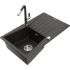 Mexen Cesar granitový kuchynský drez s 1 komorou a odkvapkávačom a kuchynskou batériou Flora, čierny/zlatý metalik