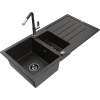 Mexen Andres granitový drez 1,5-komorový s odkvapkávačom a kuchynskou batériou Flora, čierny/zlatý - 6515-75-670401-07-B