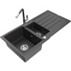 Mexen Andres žulový drez 1,5-komorový s odkvapkávačom a kuchynskou batériou Flora, čierny škvrnitý - 6515-76-670401-08