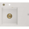Mexen Ben jednokomorový žulový drez s odkvapkávačom, ľavý 600 x 500 mm, biely, zlatý sifón - 6522605000-20-G