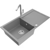 Mexen Leo granitový kuchynský drez 1-komorový s odkvapkávačom a kuchynskou batériou Flora, sivý - 6501-71-670401-06
