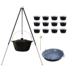 Green Home kotlík na guláš smalt 1,2 mm 30 l SMALT, Panvica na grilovanie SMALT 42 cm, pokrievka SMALT, Green Home Teleskopická trojnožka veľká 170 cm, plastové servírovacie boxy 12 ks, vareška 50 cm