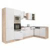 Yorki 340 rohová kuchynská linka s korpusom z duba sonoma, s bielym predným panelom s hodvábnym leskom a policovou skrinkou