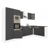 Rohová kuchynská linka Yorki 340 s bielym korpusom, antracitovým čelom s hodvábnym leskom a policovou skrinkou