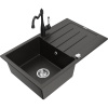 Mexen Bruno, granitový drez 795x495x200 mm, 1-komorový a drezová batéria Carla, čierna-zlatá metalíza, 6513-75-670700-70