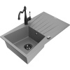 Mexen Cesar žulový drez s 1 komorou, odkvapkávacou plochou a kuchynskou batériou Carla, sivý - 6514-71-670700-70-B