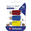 USB kľúč, 3 x 16GB, USB 3.2, 80 25MB sec, VERBATIM Store n Click, červená modrá žltá