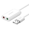 UGREEN Externá zvuková karta USB, 2 x 3,5 mm Jack konektory, 15 cm kábel, biela