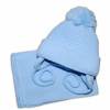 BABY NELLYS Zimná čiapočka so šálom - modrá s veľkou bambuľkou 62/68 (3-6m)