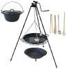 Set 3 v 1, trojnožka s kladkou 1,25 m, rošt 50 cm, Paella panva 42 cm a kotlík s pokrievkou 14 L s ohniskom (grilovací rošt 50 cm so smaltovanou Paella panvou 42 cm na trojnožke 1,25 m s kladkou a poi
