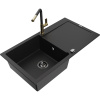 Mexen Leo žulový drez s 1 komorou, odkvapkávacia plocha a kuchynská batéria Flora, čierna - 6501-77-670401-57-B