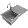 Mexen Cesar jednokomorový granitový drez s odkvapkávačom a kuchynskou batériou Carla, šedý - 6514-71-670700-71