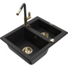 Mexen Carlos granitový kuchynský drez 1,5-komorový s kuchynskou batériou Flora, čierny - 6518-77-670401-57-G