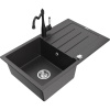 Mexen Bruno, granitový drez 795x495x200 mm, 1-komorový a drezová batéria Carla, čierna škvrnitá, 6513-76-670700-70