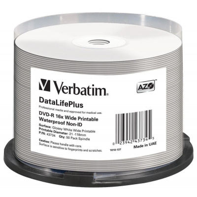 VERBATIM DVD-R 4,7GB/ 16x/ WIDE GLOSSY WATERPROOF/ printable NoID/ 50pack/ spindle 43734