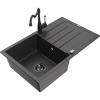 Mexen Bruno, granitový drez 795x495x200 mm, 1-komorový a drezová batéria Carla, čierna škvrnitá, 6513-76-670700-70-B