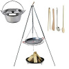 Set 3 v 1, trojnožka teleskopická strieborná 1,8 m, grilovací rošt 60 cm, Paella panva 50 cm a kotlík s pokrievkou 22 L nerez a ohnisko (grilovací rošt 50 cm s oceľovou Paella panvou 50 cm na striebor