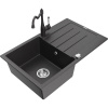Mexen Bruno, granitový drez 795x495x200 mm, 1-komorový a drezová batéria Carla, čierna škvrnitá, 6513-76-670700-76