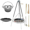 Set 3 v 1, trojnožka teleskopická s kladkou 1,8 m, rošt 70 cm a Paella panva 60 cm a kotlík 30 L s pokrievkou Lux nerez s ohniskom (grilovací rošt 70 cm s oceľovou Paella panvou 60 cm na teleskopickej