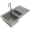 Mexen Matias žulový kuchynský drez 1,5-komorový s odkvapkávačom a kuchynskou batériou Telma, šedý - 6502-71-670200-50