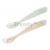 Prvé tréningové lyžičky First Age Silicone Spoons Clay Misty Green Duo Beaba zo silikónu na samostatné jedenie v praktickom obale 2 kusy hnedo-zelené