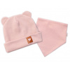 Baby Nellys Rebrovaná dvojvrstvová čiapka s uškami + šatka TEDDY - púdrová, 68/74 80-86 (12-18m)
