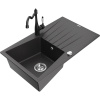 Mexen Cesar jednokomorový žulový drez s odkvapkávačom a kuchynskou batériou Carla, čierny škvrnitý - 6514-76-670700-70