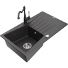 Mexen Cesar žulový drez s 1 komorou s odkvapkávačom a kuchynskou batériou Carla, čierny bodkovaný - 6514-76-670700-76