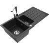 Mexen Andres kamenný drez s odkvapkávačom a kuchynskou batériou Rita, čierny/strieborný metalik - 6515-73-670300-00