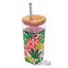 Sklenený cestovný hrnček so slamkou Liquid Cube Pink Jungle Flora 540 ml - Quokka