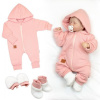Baby Nellys Bavlnený oteplený overálok s kapucňou, rukavičky, topánky, 3D sada Nature - koral, 56 (1-2m)