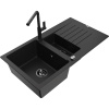 Mexen Matias granitový drez 1,5-komorový s odkvapkávačom a kuchynskou batériou Flora, čierny - 6502-77-670401-70-B