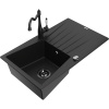 Mexen Cesar granitový drez 1-komorový s odkvapkávačom a kuchynskou batériou Carla, čierny - 6514-77-670700-70-B
