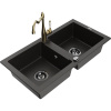 Mexen Mario, granitový drez 820x436x161 mm, 2-komorový a drezová batéria Carla, čierna-zlatá metalíza, 6504-75-670700-50-B