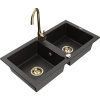 Mexen Mario granitový drez 2-komorový s kuchynskou batériou Telma, čierna/zlatá - 6504-75-670200-50