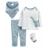 CARTERS CARTER'S Set 4dielny tričko dl. rukáv, tepláky, ponožky, podbradník Blue Dino chlapec LBB NB, veľ. 5